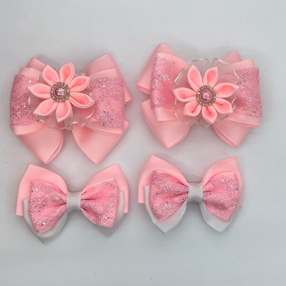 Pink Glitter Flower Bow Set 4 for Kids